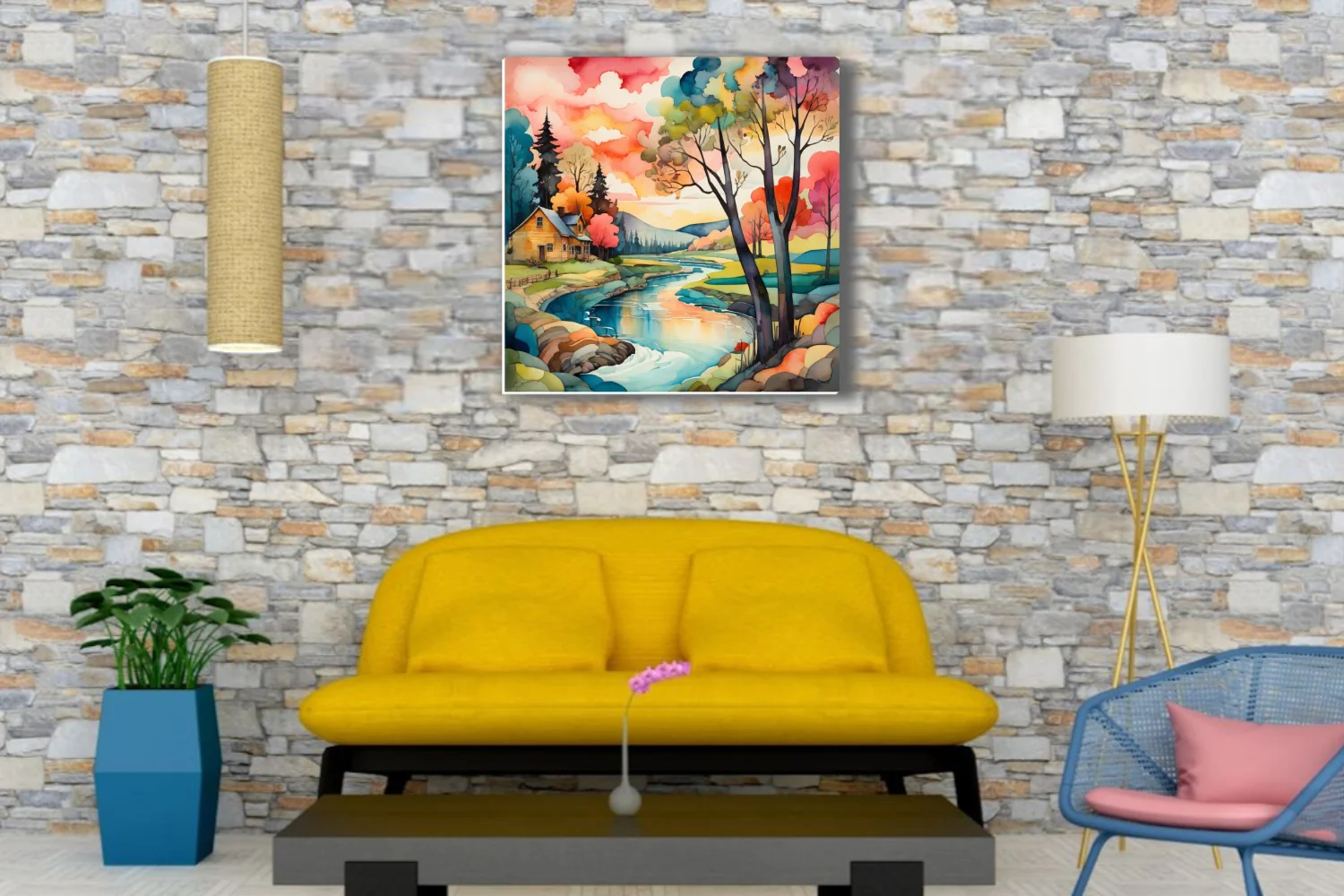 Vivid watercolor-style rural landscape with vibrant rainbow trees and winding stream
