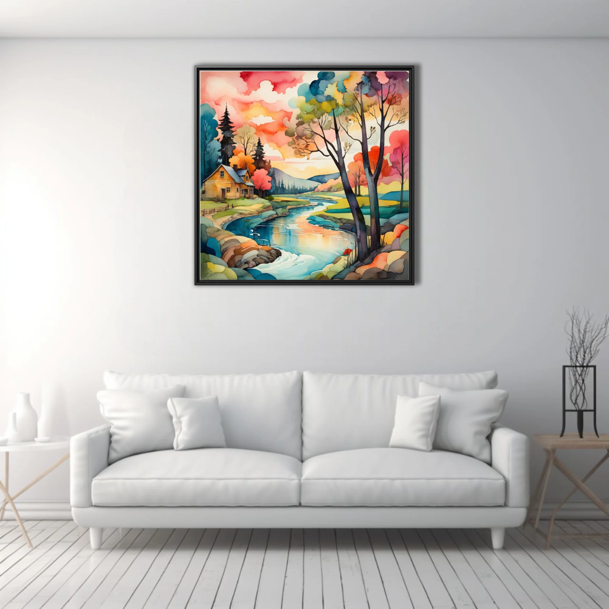 Vivid watercolor-style rural landscape with vibrant rainbow trees and winding stream