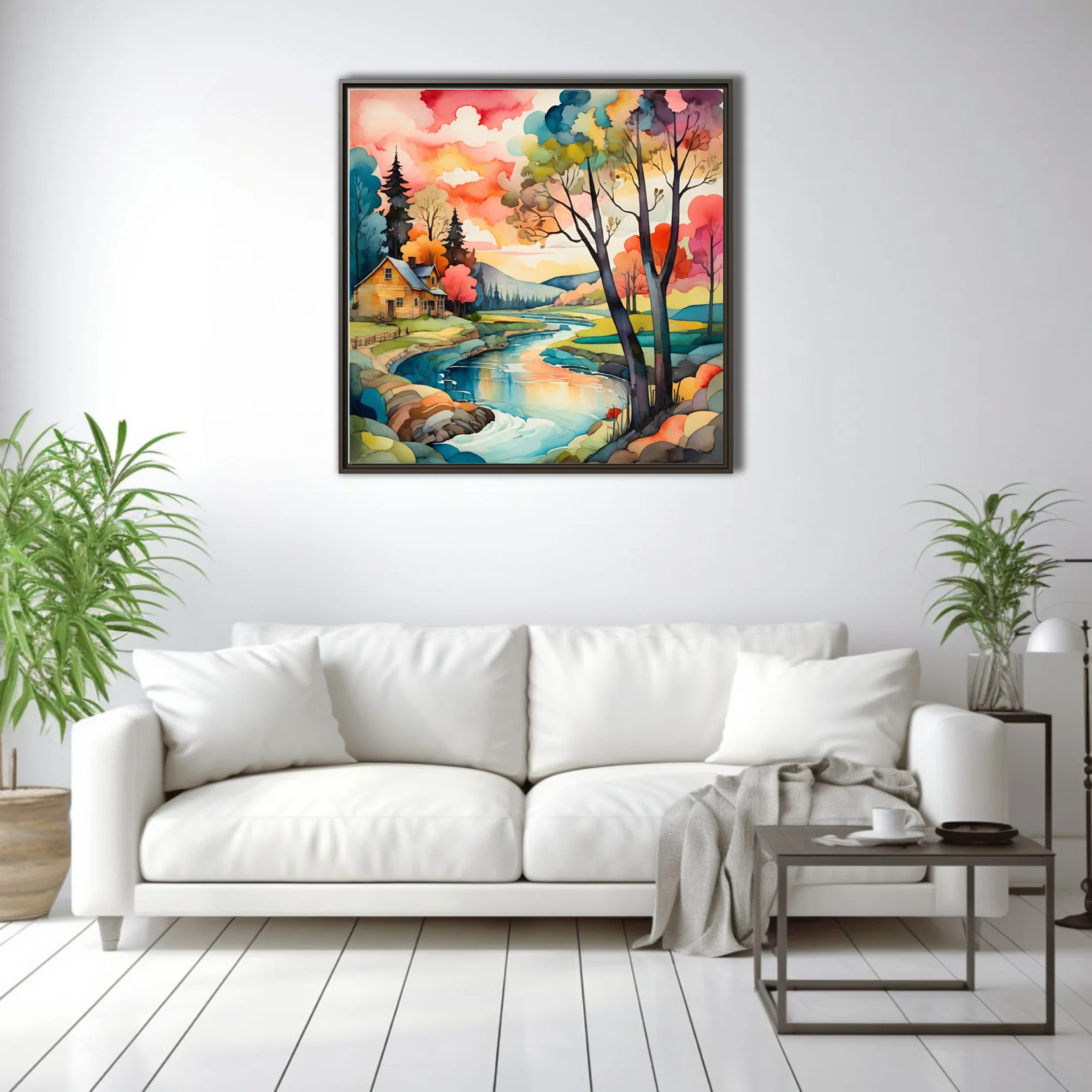 Vivid watercolor-style rural landscape with vibrant rainbow trees and winding stream