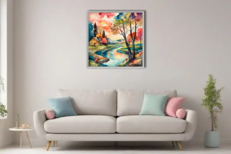 Vivid watercolor-style rural landscape with vibrant rainbow trees and winding stream