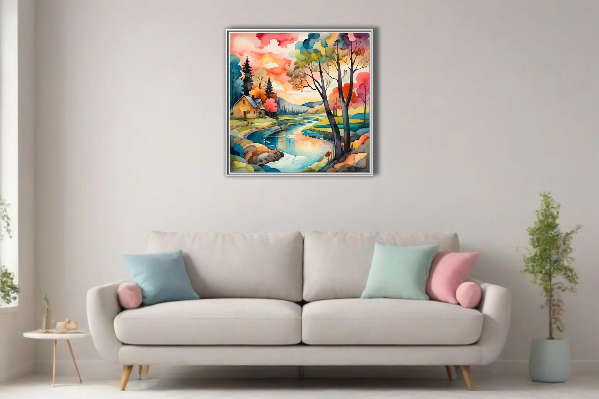 Vivid watercolor-style rural landscape with vibrant rainbow trees and winding stream