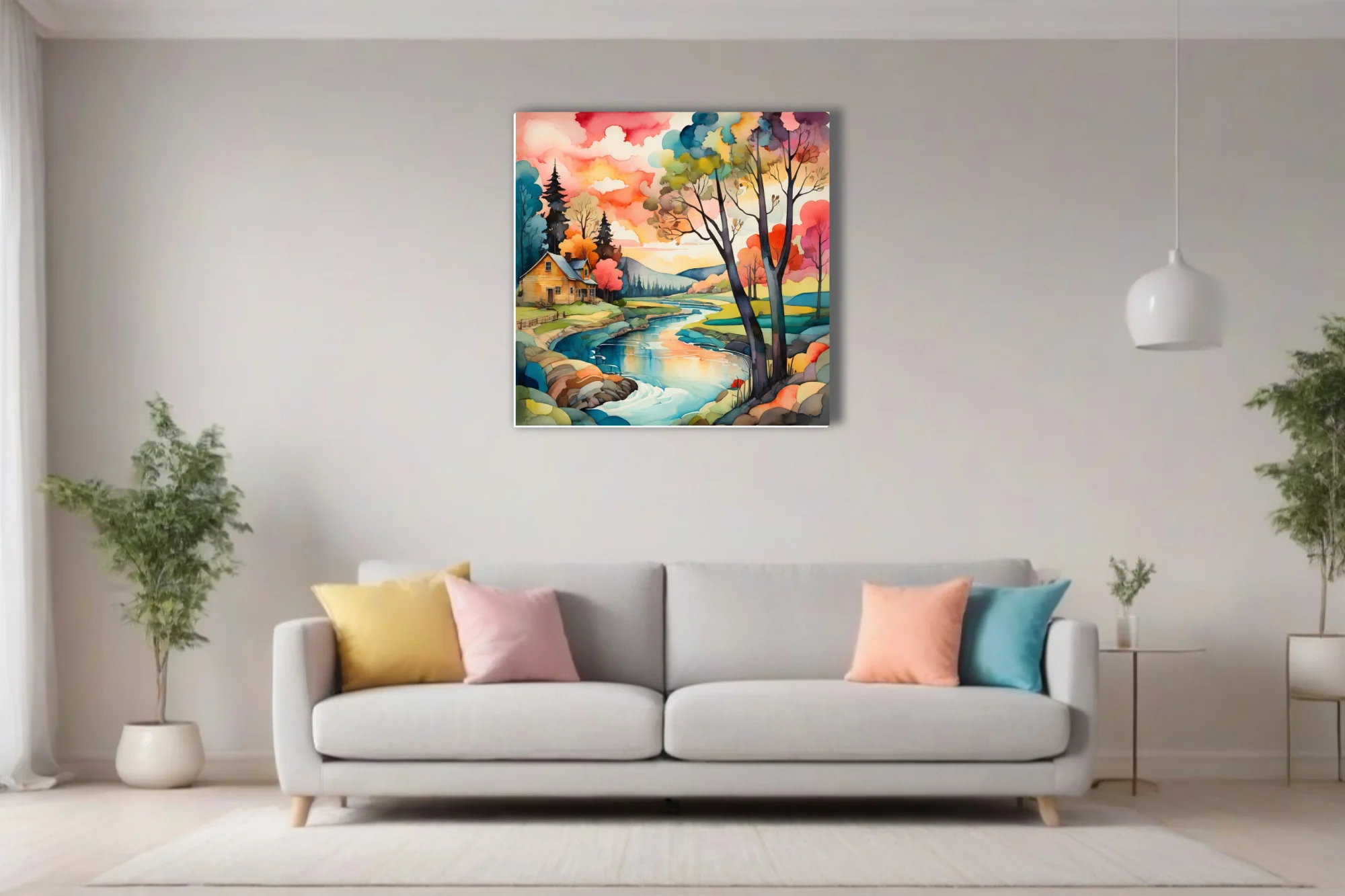 Vivid watercolor-style rural landscape with vibrant rainbow trees and winding stream