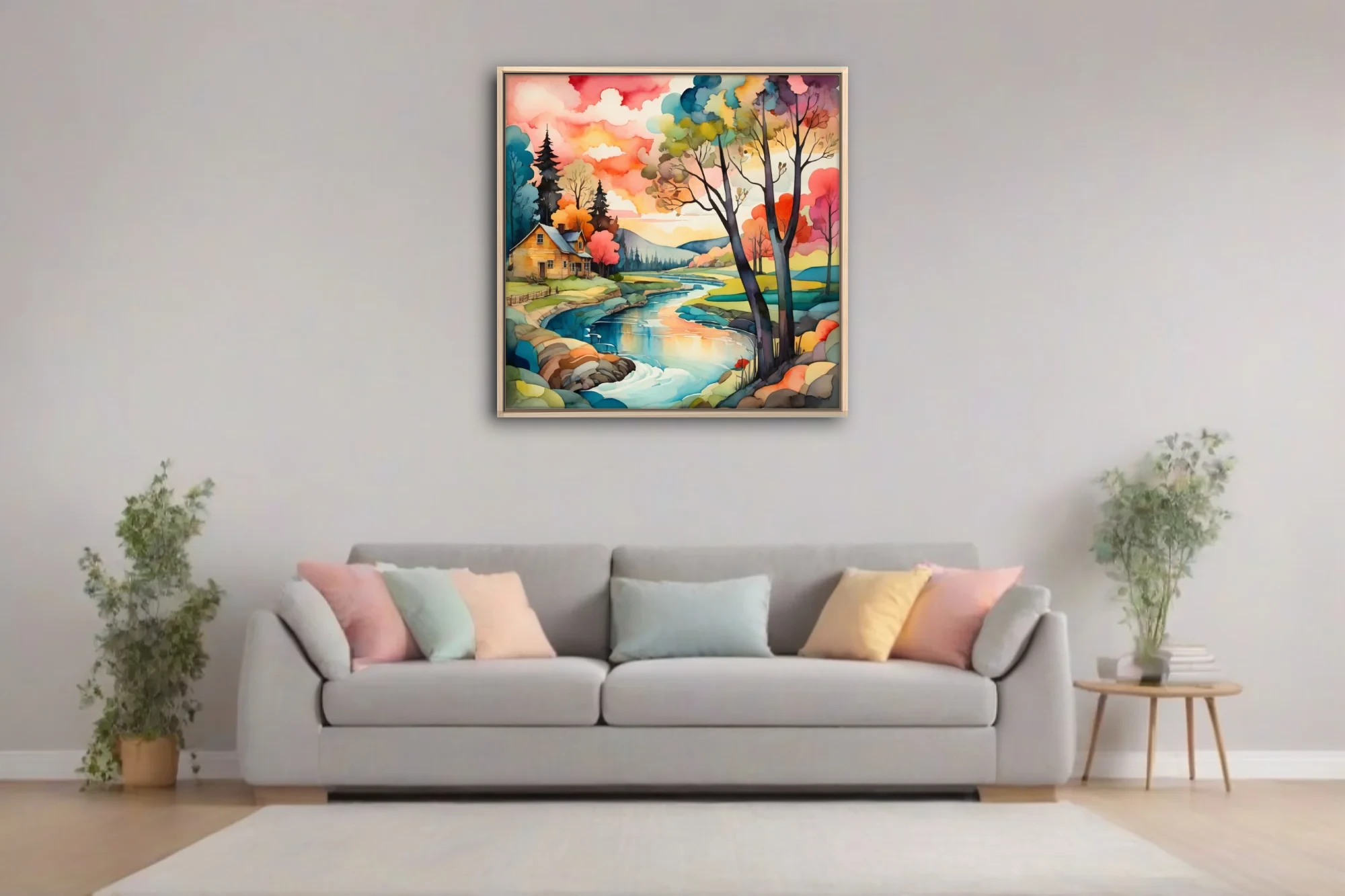 Vivid watercolor-style rural landscape with vibrant rainbow trees and winding stream