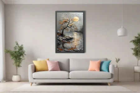 Moonlit river landscape with gnarled tree, silver and gold palette