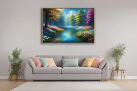Fantasy river landscape with colorful trees and wildflowers in vivid jewel tones