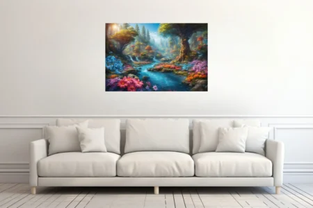 Fantasy forest stream with colorful wildflowers, ancient trees, and glowing mist