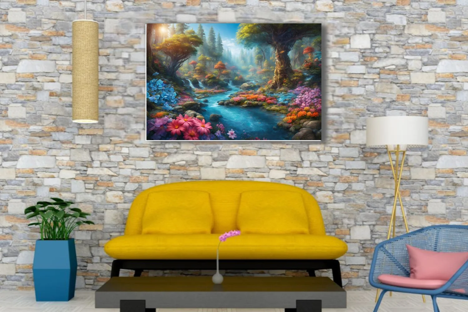 Fantasy forest stream with colorful wildflowers, ancient trees, and glowing mist