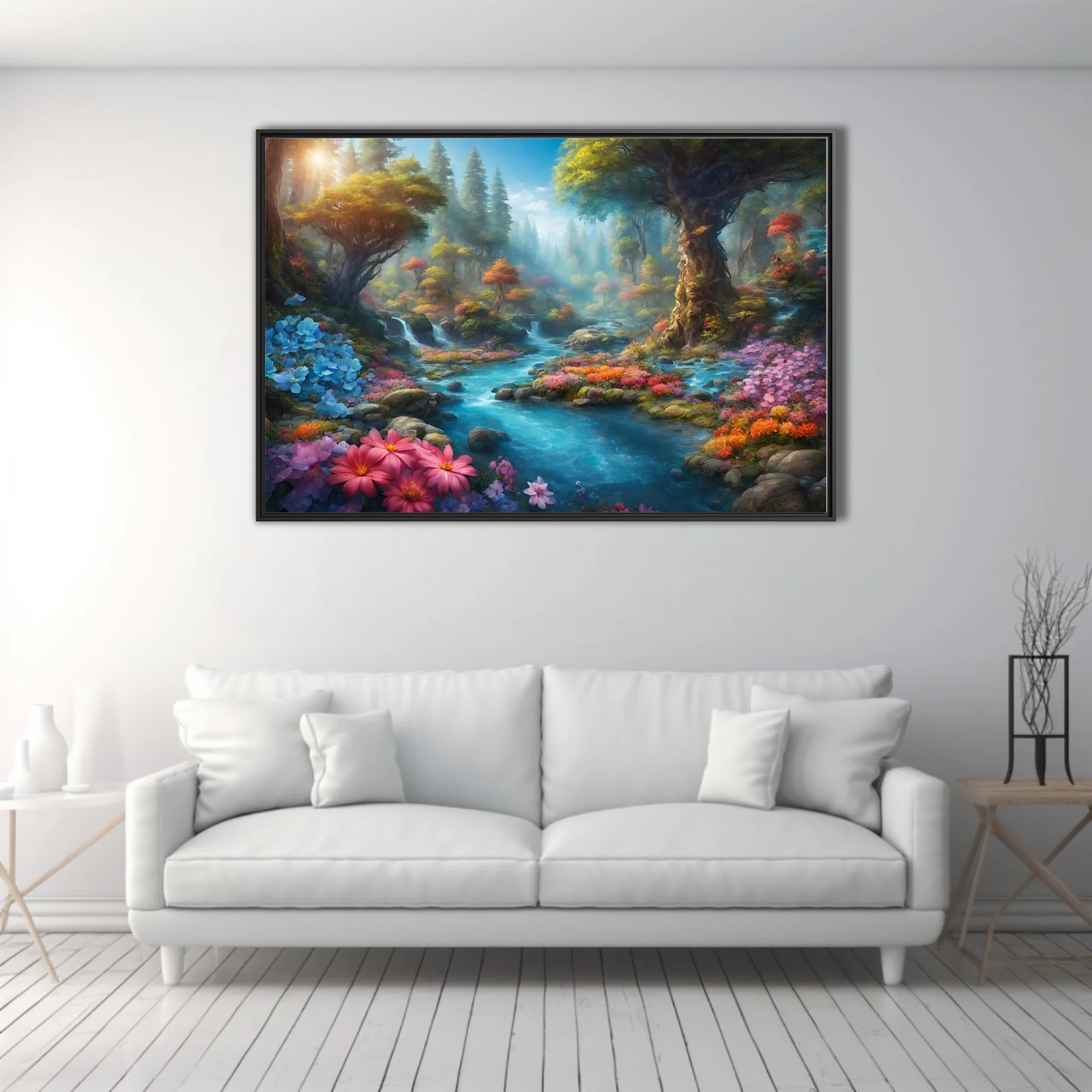 Fantasy forest stream with colorful wildflowers, ancient trees, and glowing mist