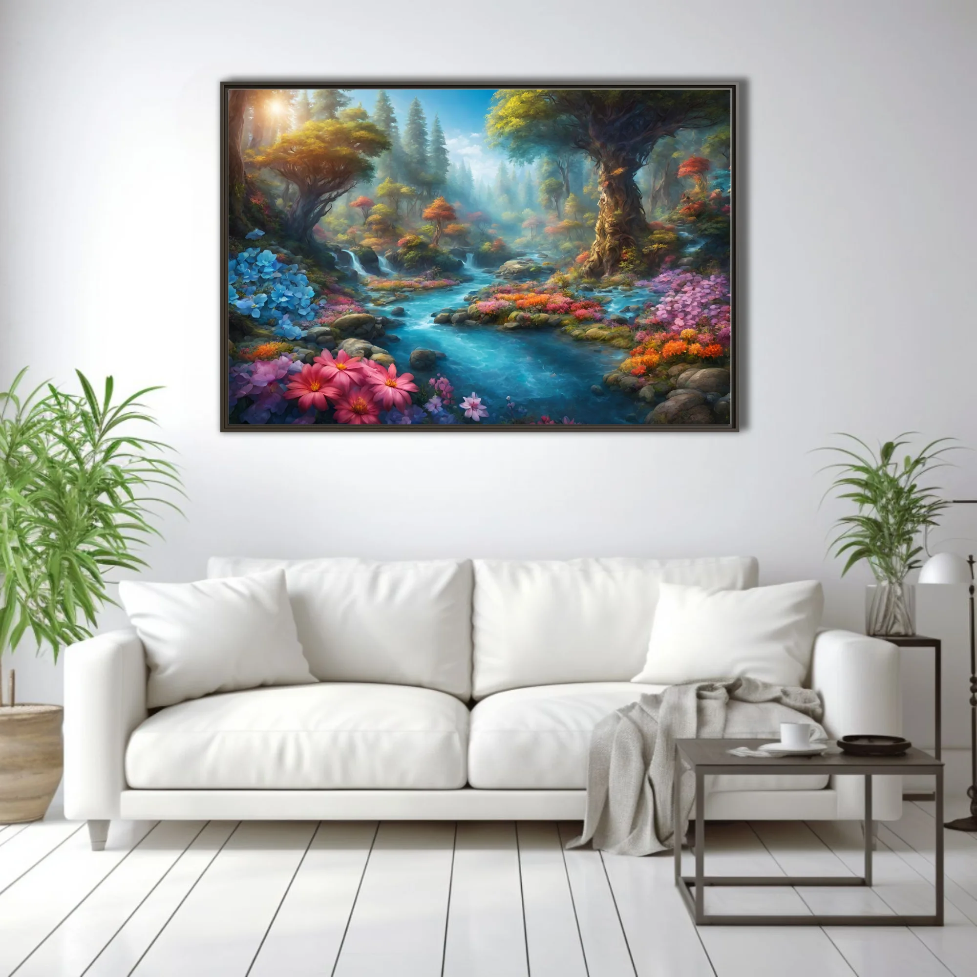 Fantasy forest stream with colorful wildflowers, ancient trees, and glowing mist