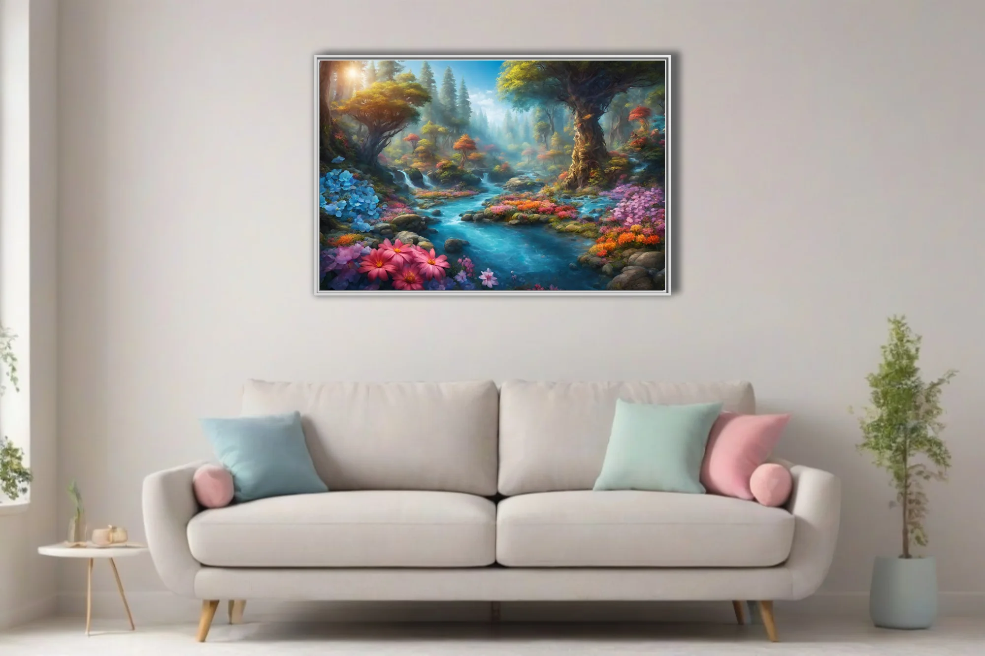Fantasy forest stream with colorful wildflowers, ancient trees, and glowing mist