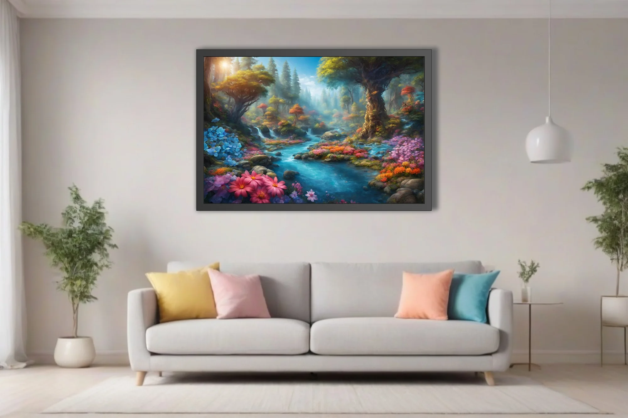 Fantasy forest stream with colorful wildflowers, ancient trees, and glowing mist