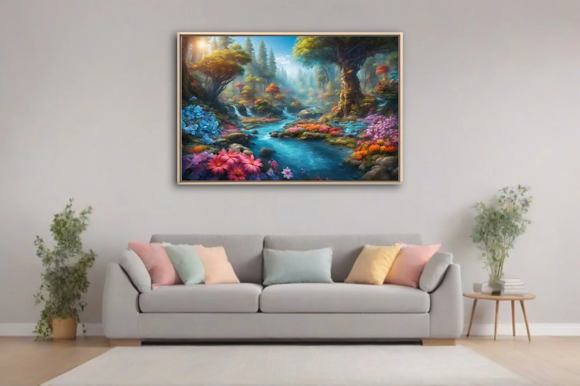 Fantasy forest stream with colorful wildflowers, ancient trees, and glowing mist