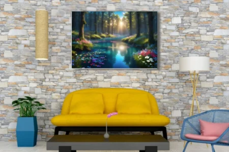 Fantasy enchanted forest stream with glowing light, colorful wildflowers, teal water
