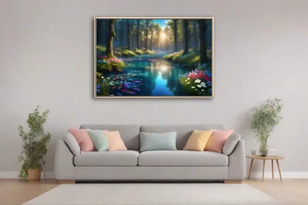 Fantasy enchanted forest stream with glowing light, colorful wildflowers, teal water
