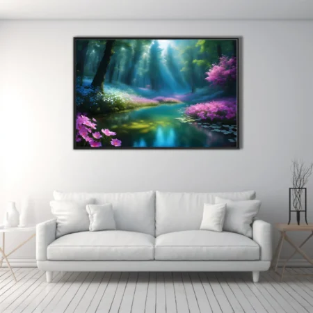 Fantasy woodland pool with teal water, pink blooms, and god rays in painterly style