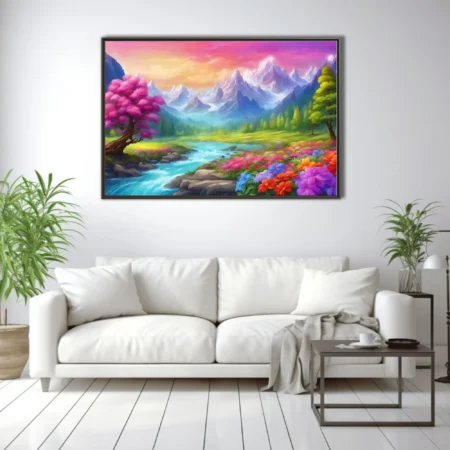 Fantasy alpine landscape illustration with turquoise river, colorful flowers, and snow-capped mountains