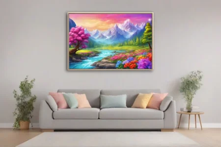 Fantasy alpine landscape illustration with turquoise river, colorful flowers, and snow-capped mountains