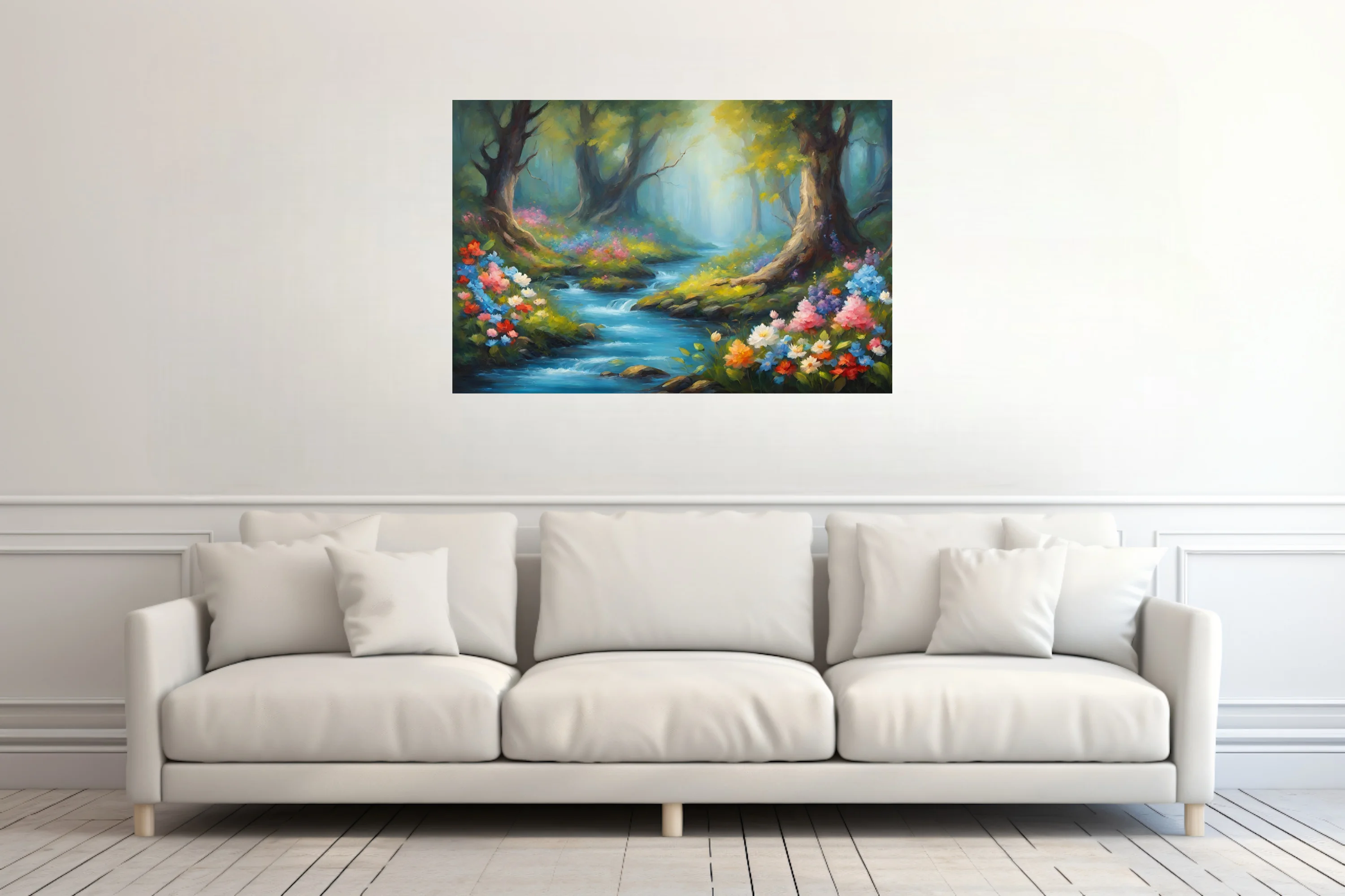 Romantic forest stream with vivid wildflowers, mossy banks, and misty emerald light