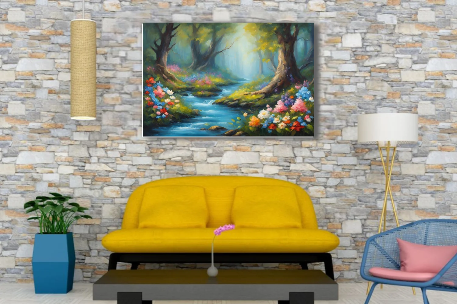 Romantic forest stream with vivid wildflowers, mossy banks, and misty emerald light