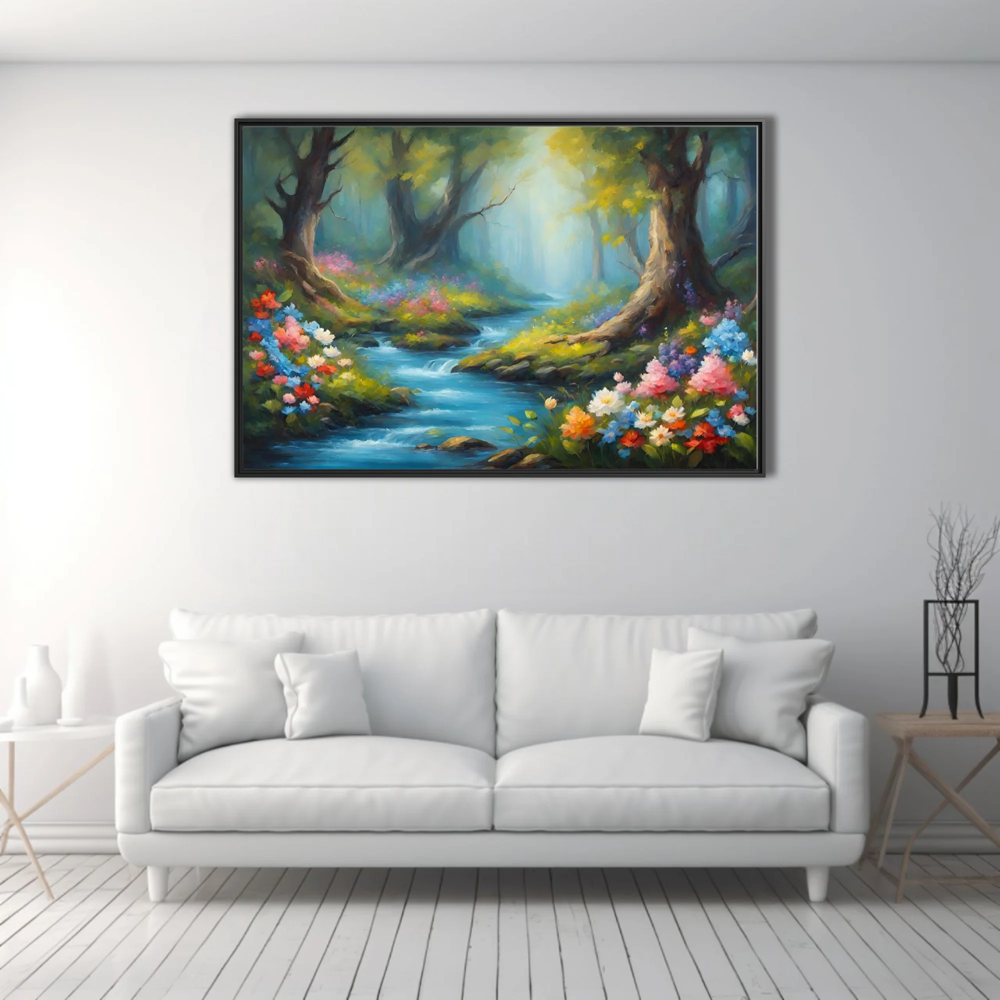Romantic forest stream with vivid wildflowers, mossy banks, and misty emerald light
