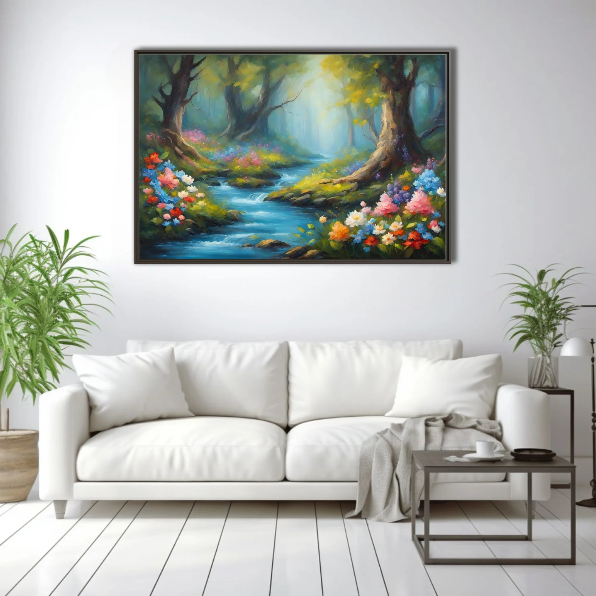Romantic forest stream with vivid wildflowers, mossy banks, and misty emerald light