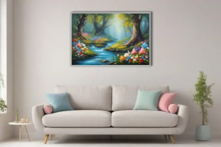 Romantic forest stream with vivid wildflowers, mossy banks, and misty emerald light