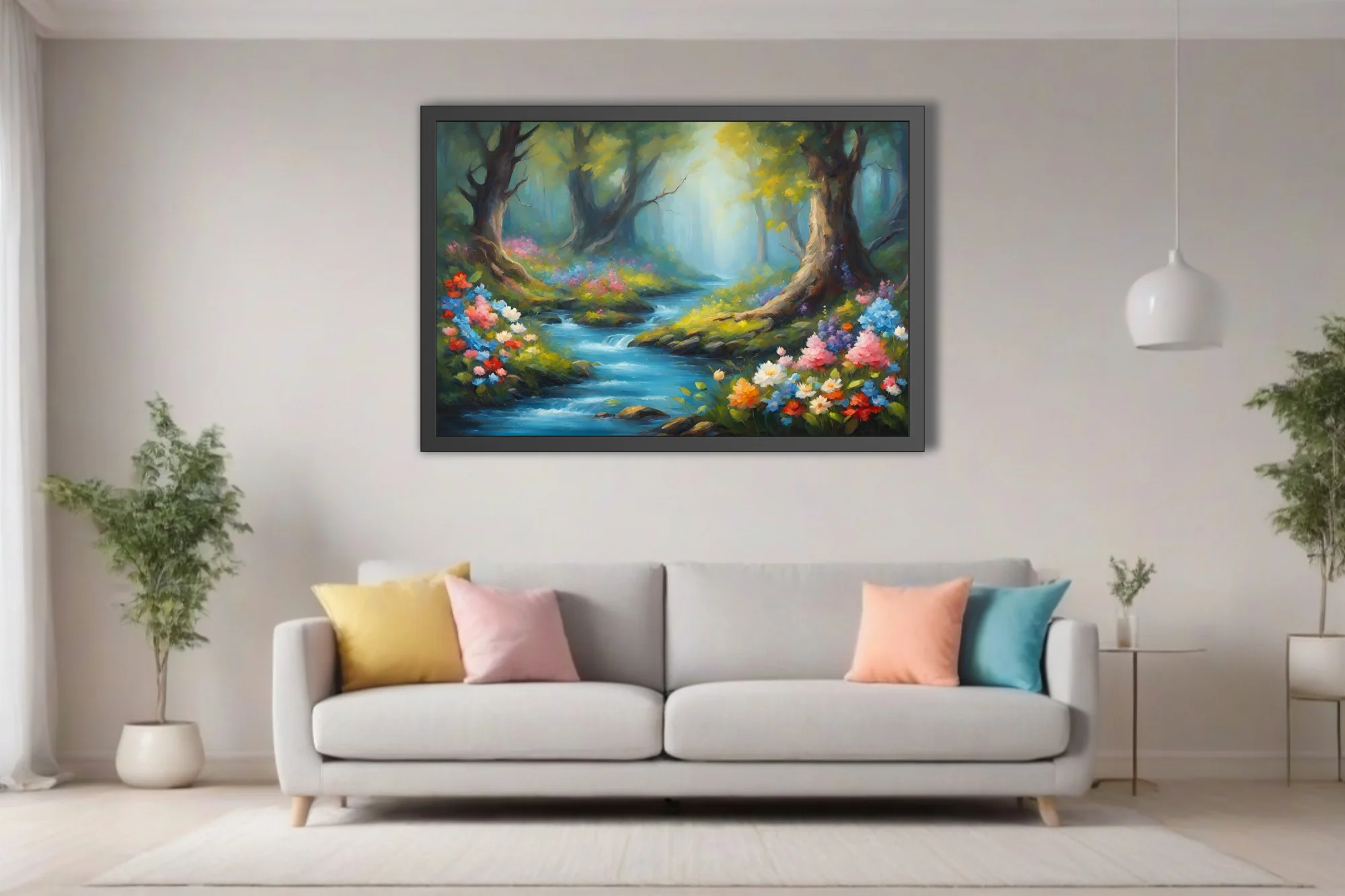 Romantic forest stream with vivid wildflowers, mossy banks, and misty emerald light