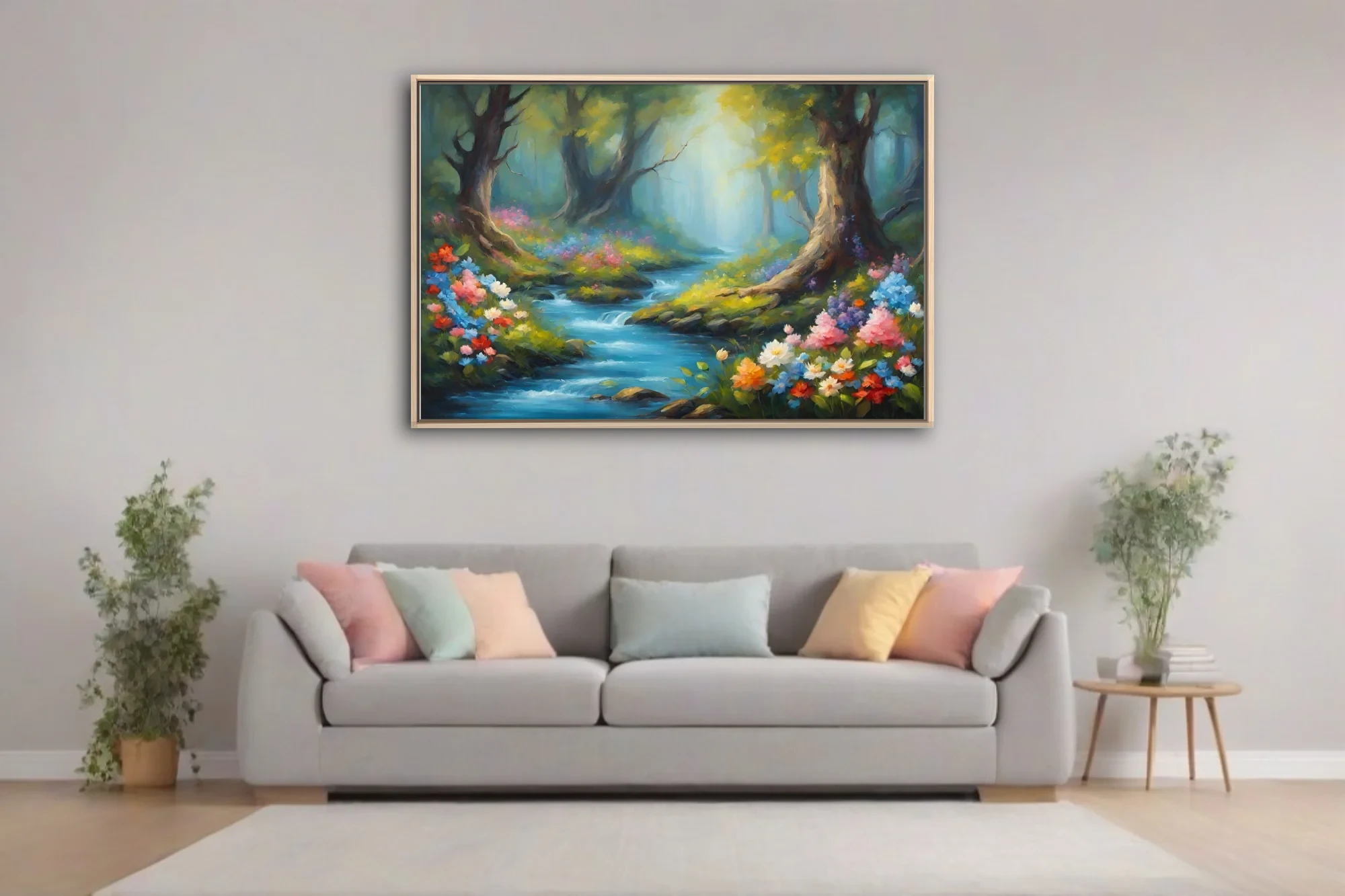 Romantic forest stream with vivid wildflowers, mossy banks, and misty emerald light