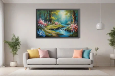 Dreamy forest landscape with flower-lined stream, turquoise haze, and blush blossoms