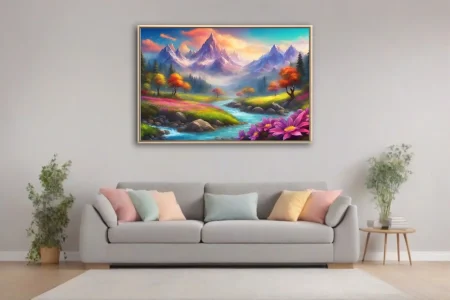 Fantasy mountain valley landscape with turquoise river, autumn trees, and vibrant wildflowers