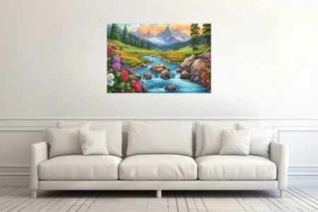 Cartoon-style alpine river landscape with wildflowers, rocky stream, and snowy peaks