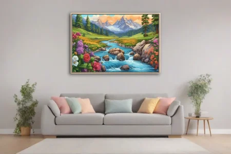 Cartoon-style alpine river landscape with wildflowers, rocky stream, and snowy peaks