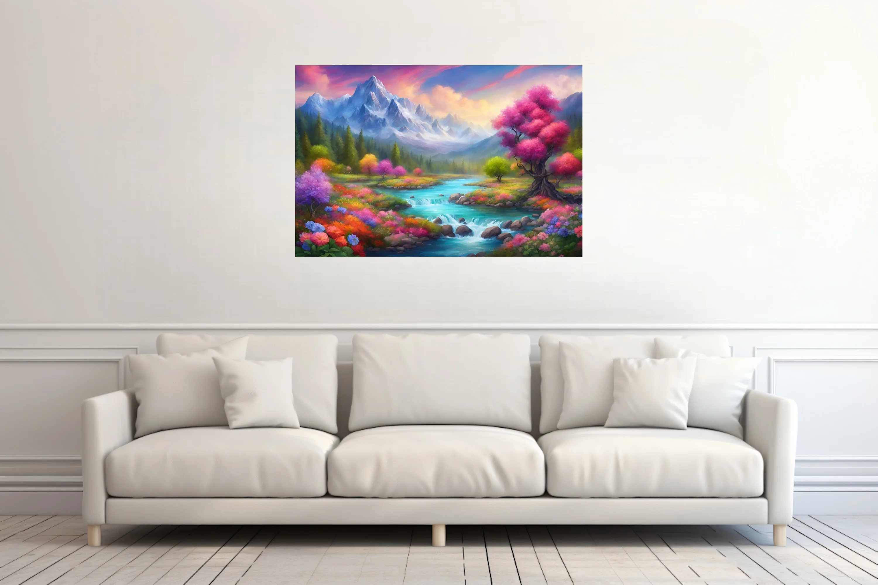 Fantasy mountain river landscape with vivid wildflowers and colorful trees at twilight