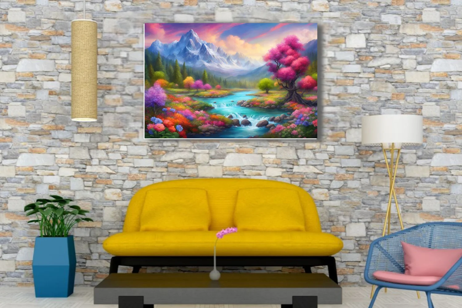 Fantasy mountain river landscape with vivid wildflowers and colorful trees at twilight