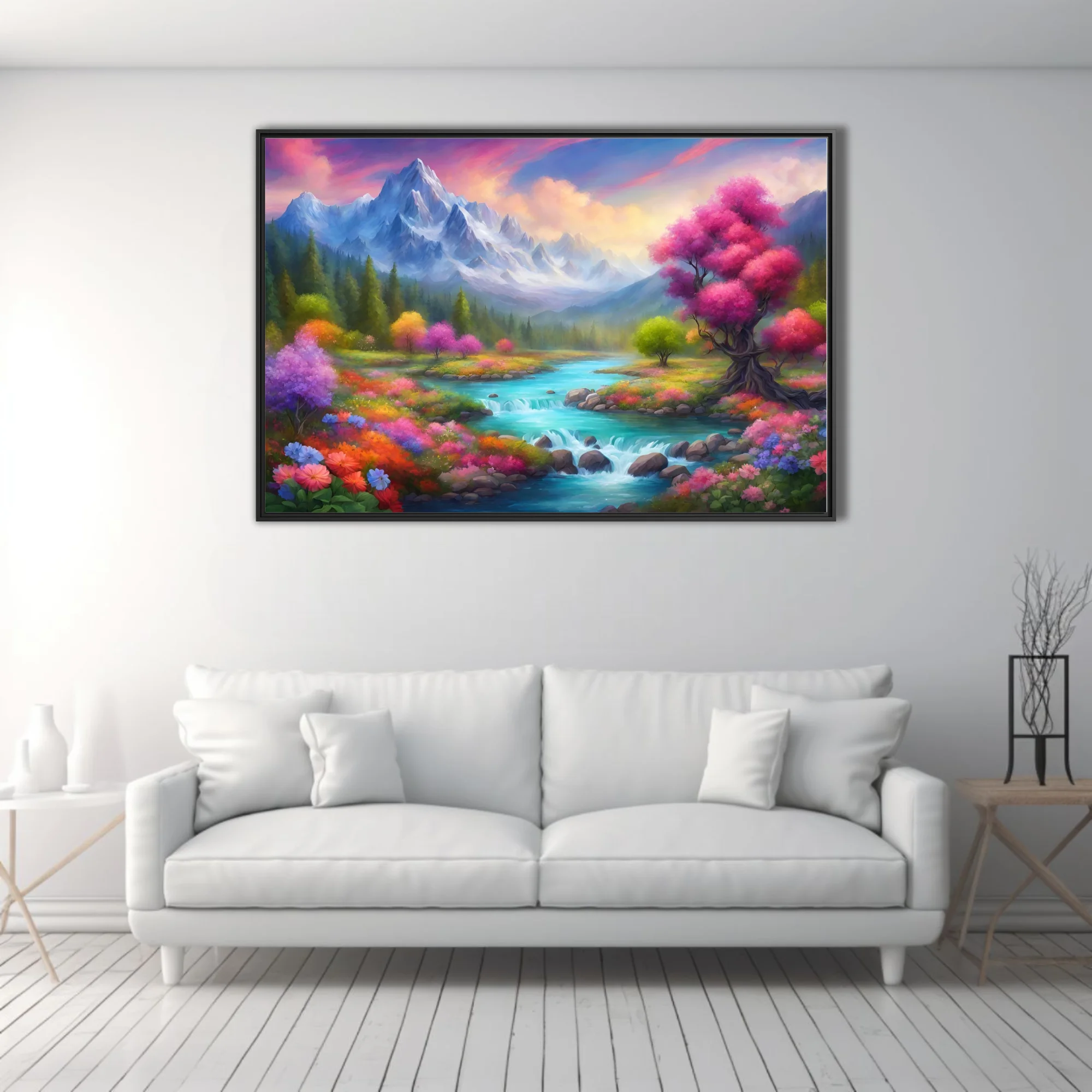 Fantasy mountain river landscape with vivid wildflowers and colorful trees at twilight