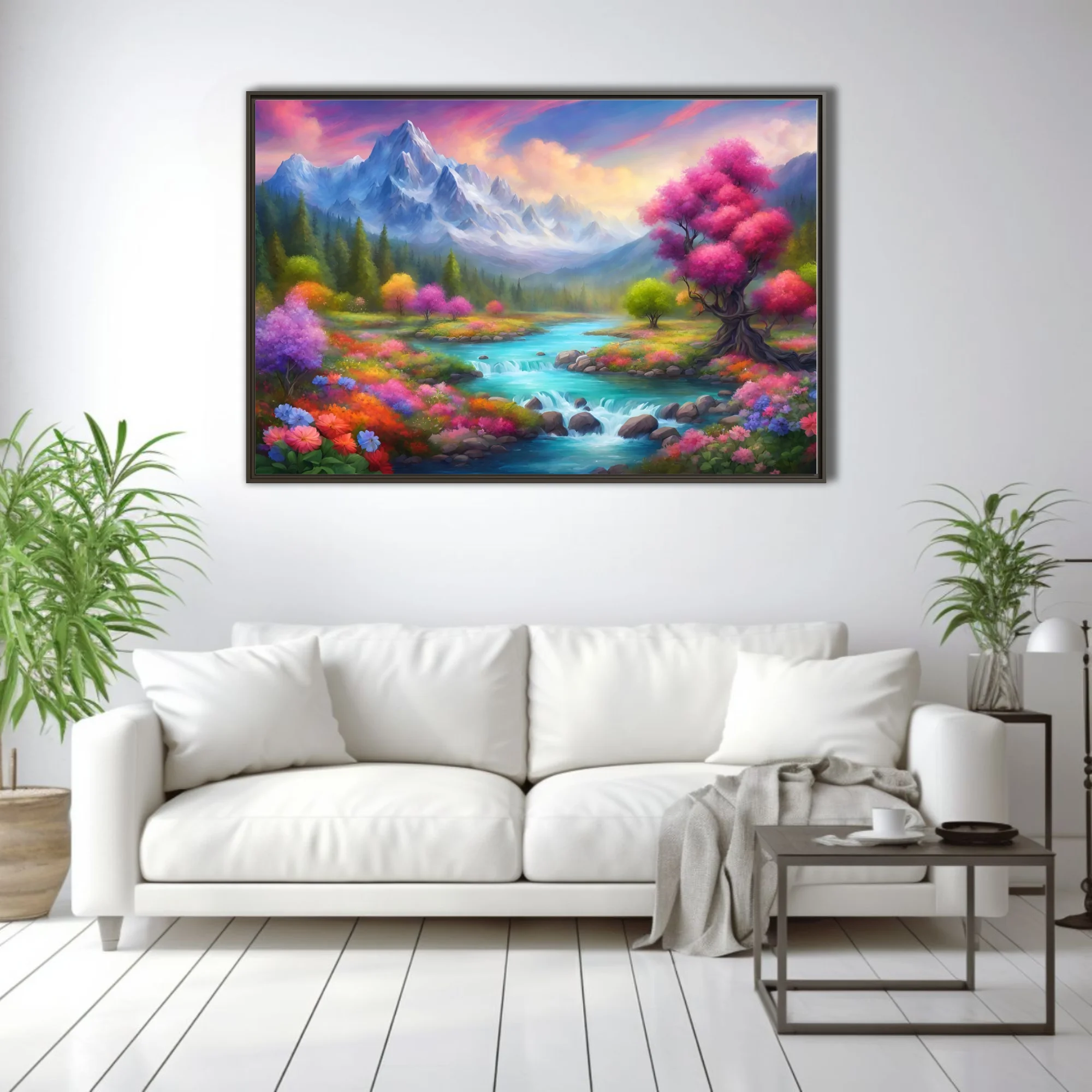 Fantasy mountain river landscape with vivid wildflowers and colorful trees at twilight