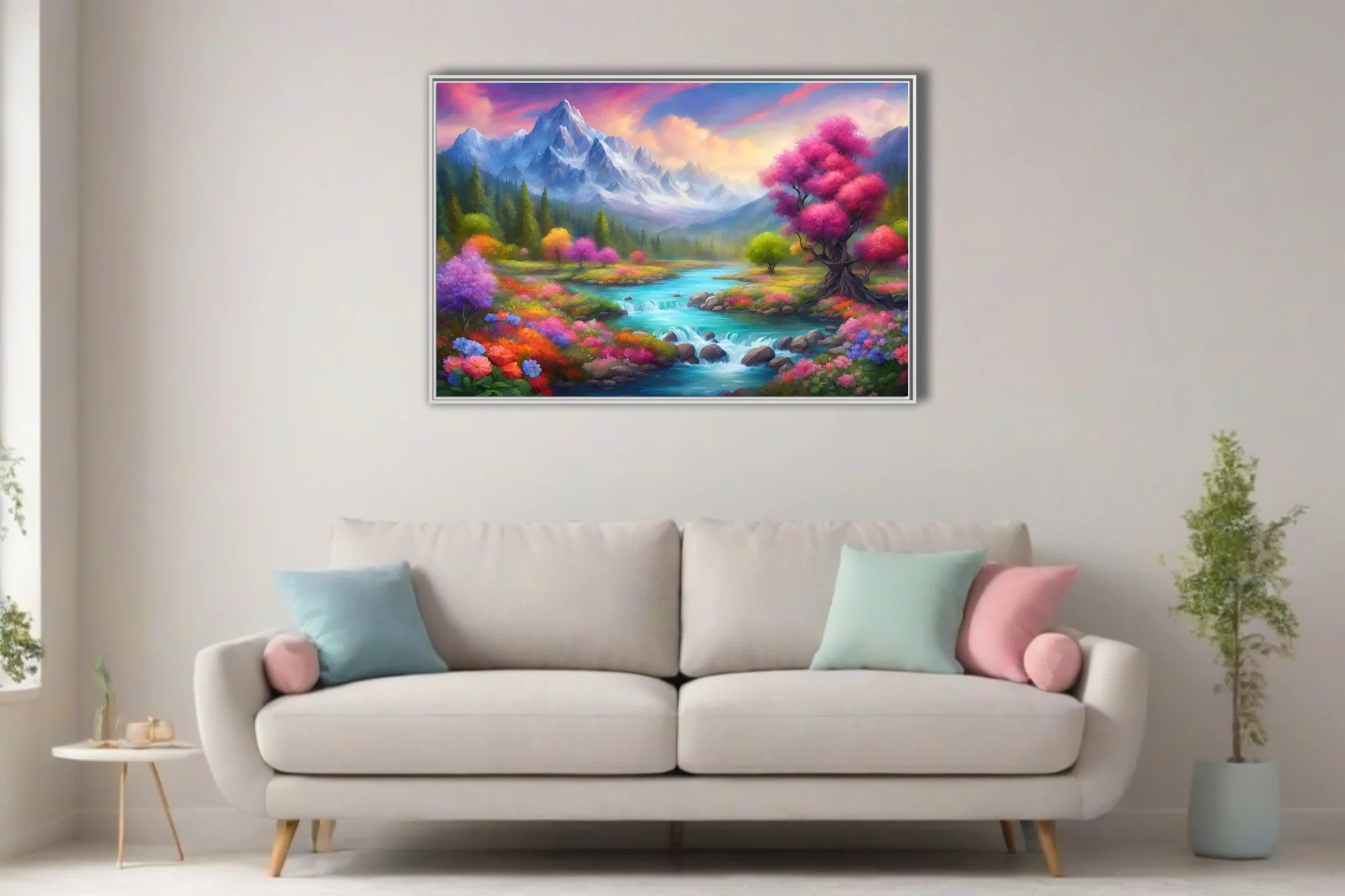 Fantasy mountain river landscape with vivid wildflowers and colorful trees at twilight