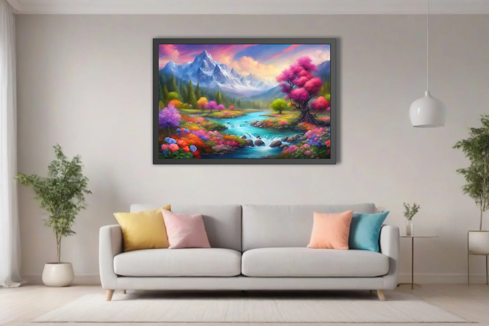 Fantasy mountain river landscape with vivid wildflowers and colorful trees at twilight