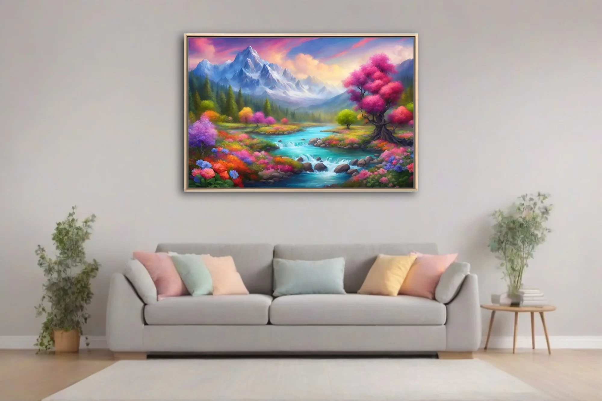 Fantasy mountain river landscape with vivid wildflowers and colorful trees at twilight
