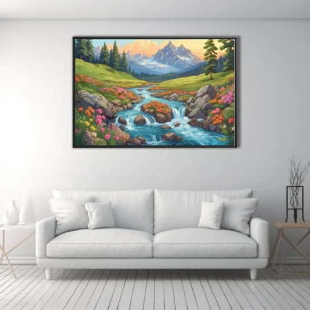 Bright cartoon-style alpine stream with wildflowers, rocky cascades, and snow-capped mountains