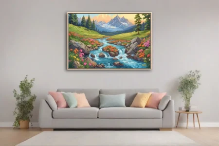 Bright cartoon-style alpine stream with wildflowers, rocky cascades, and snow-capped mountains