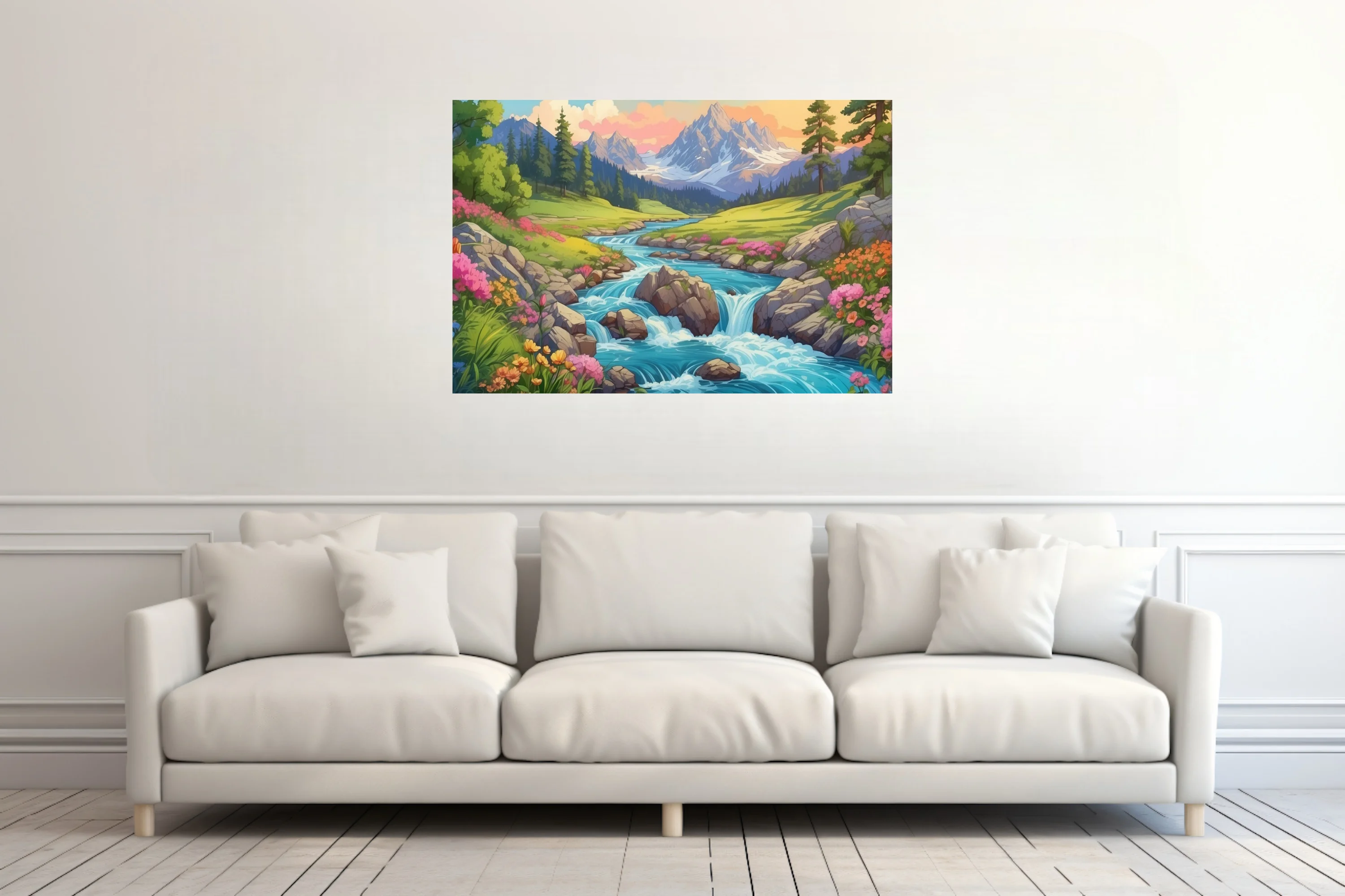 Cartoon-style alpine stream with wildflowers, rocky cascades, and snow-capped mountains
