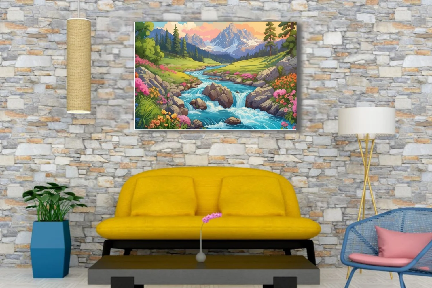 Cartoon-style alpine stream with wildflowers, rocky cascades, and snow-capped mountains