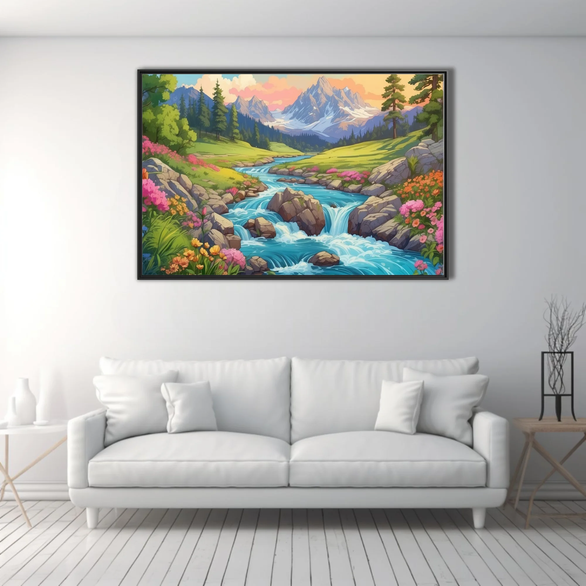 Cartoon-style alpine stream with wildflowers, rocky cascades, and snow-capped mountains