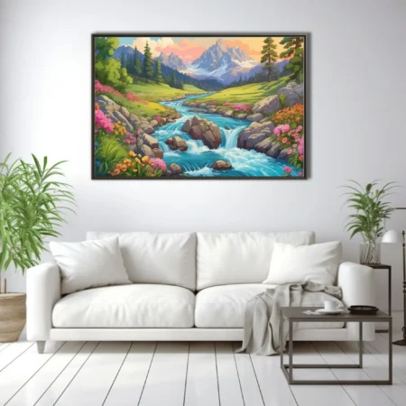 Cartoon-style alpine stream with wildflowers, rocky cascades, and snow-capped mountains