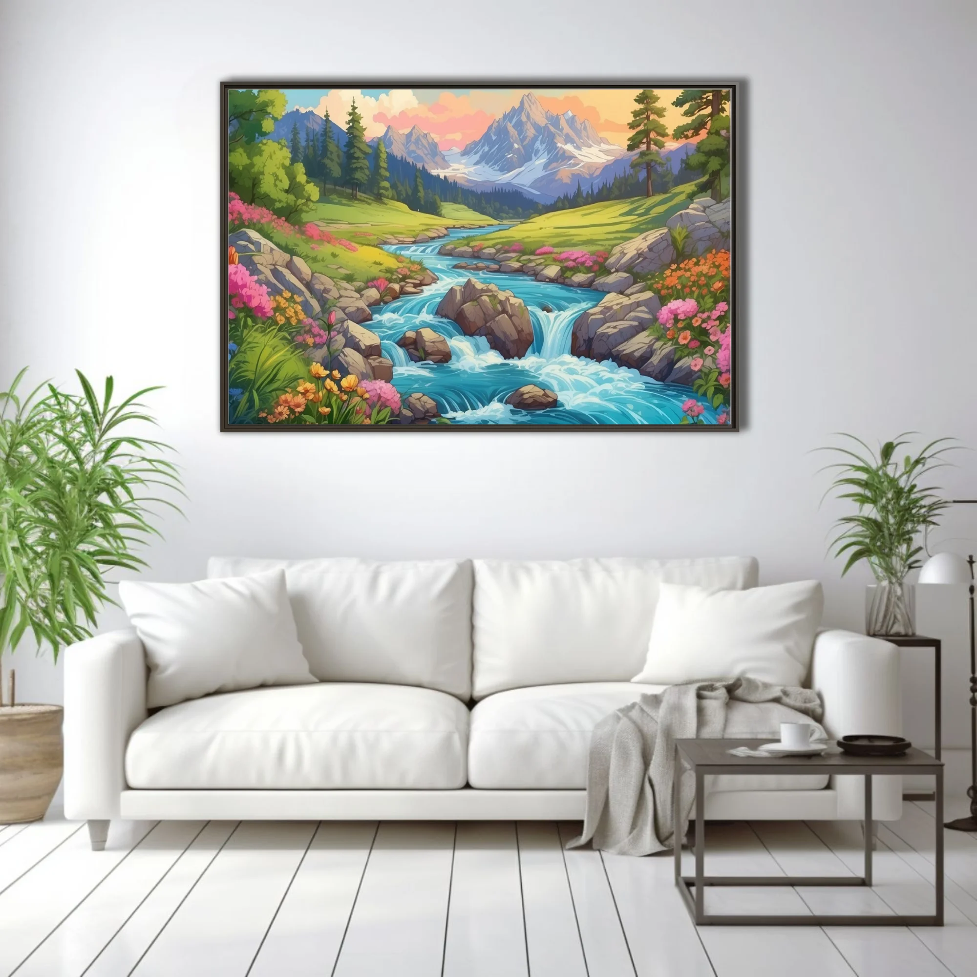 Cartoon-style alpine stream with wildflowers, rocky cascades, and snow-capped mountains