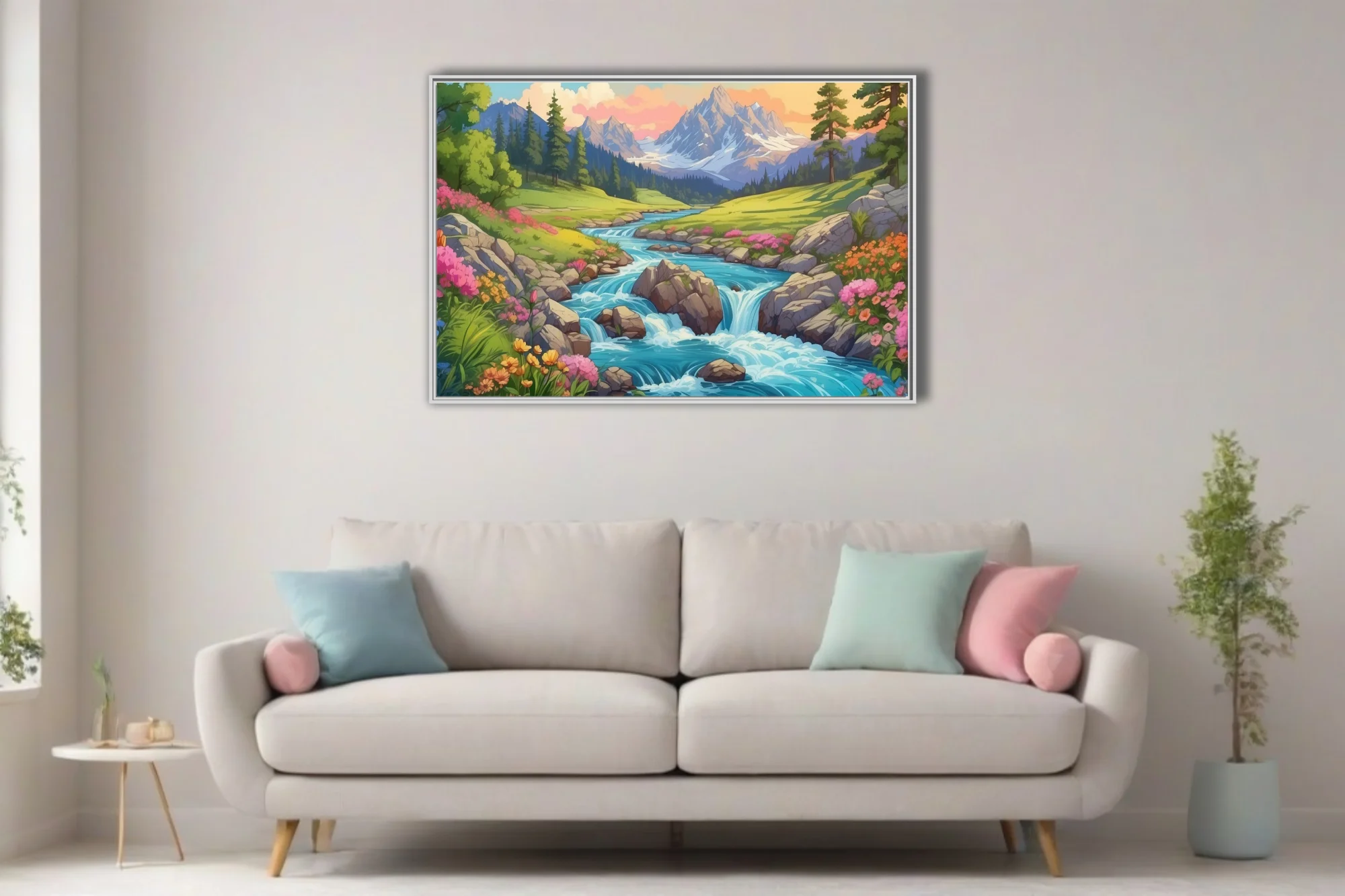 Cartoon-style alpine stream with wildflowers, rocky cascades, and snow-capped mountains