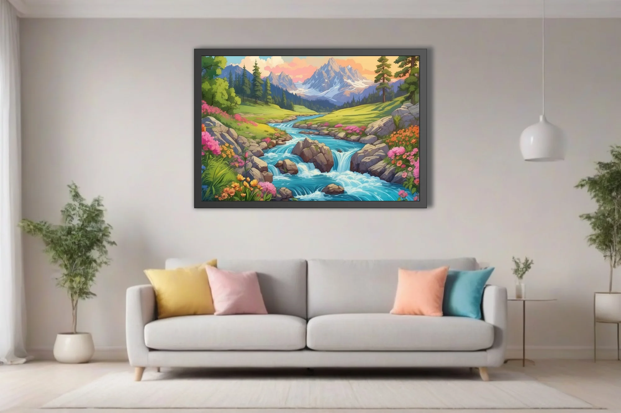 Cartoon-style alpine stream with wildflowers, rocky cascades, and snow-capped mountains