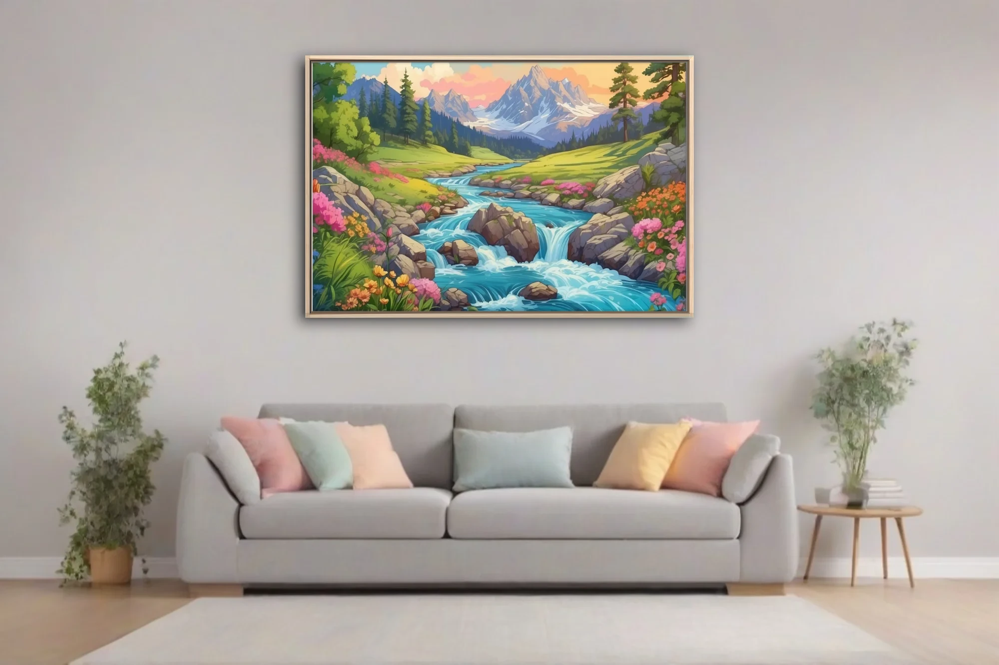 Cartoon-style alpine stream with wildflowers, rocky cascades, and snow-capped mountains