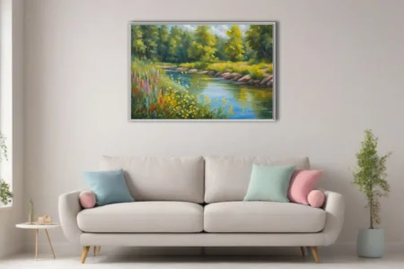 Painterly summer river landscape with wildflowers, rocky bank and lush trees in soft pastoral tones